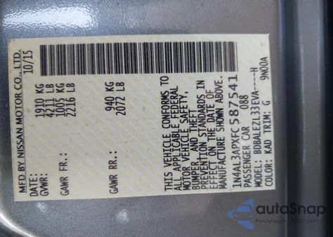 2015 Nissan Altima 2.5 S from USA, damaged, VIN 1N4AL3APXFC587541